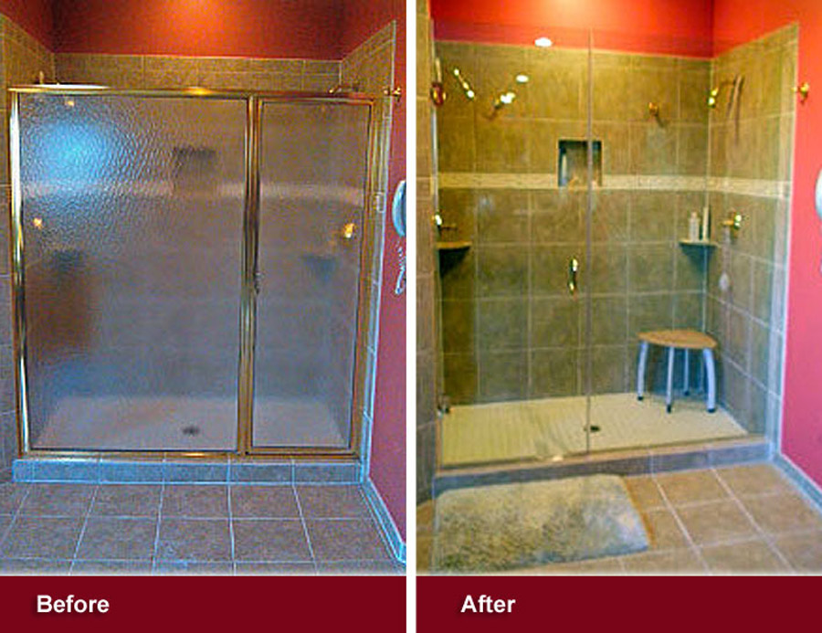 By replacing the old frosted glass with a frameless glass shower door, the bathroom has a more modern look. 